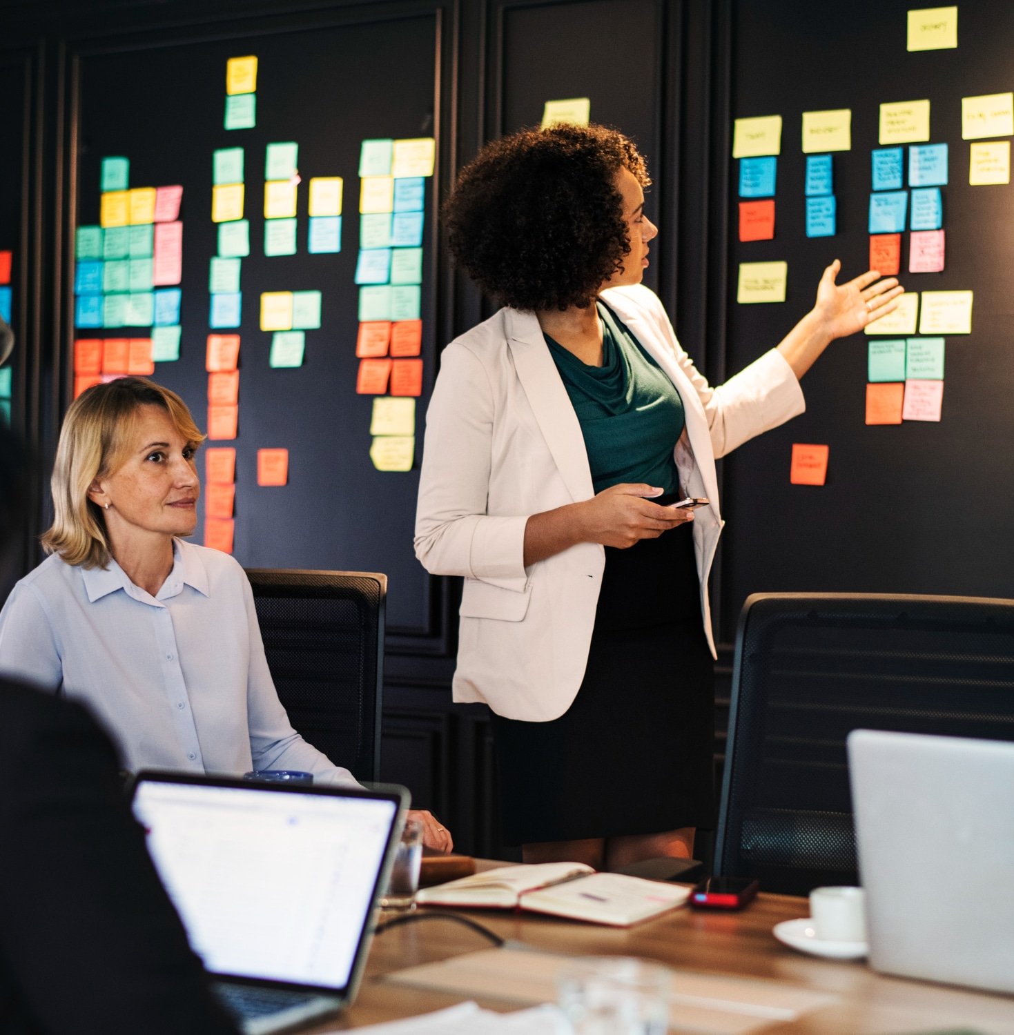 Femme présentant des idées sur un tableau rempli de post-it colorés.