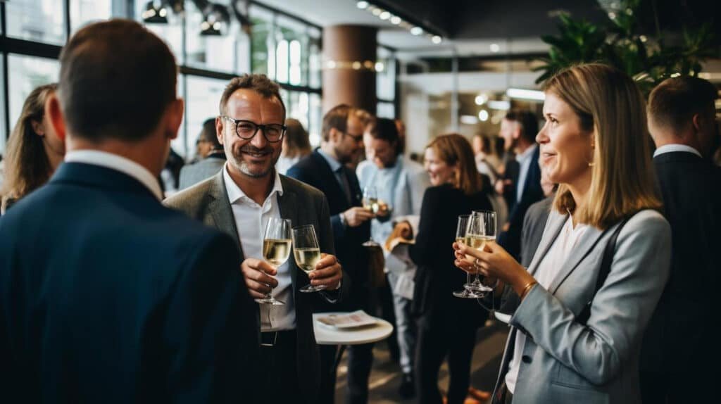 Événement de réseautage avec des professionnels discutant et tenant des verres de vin.